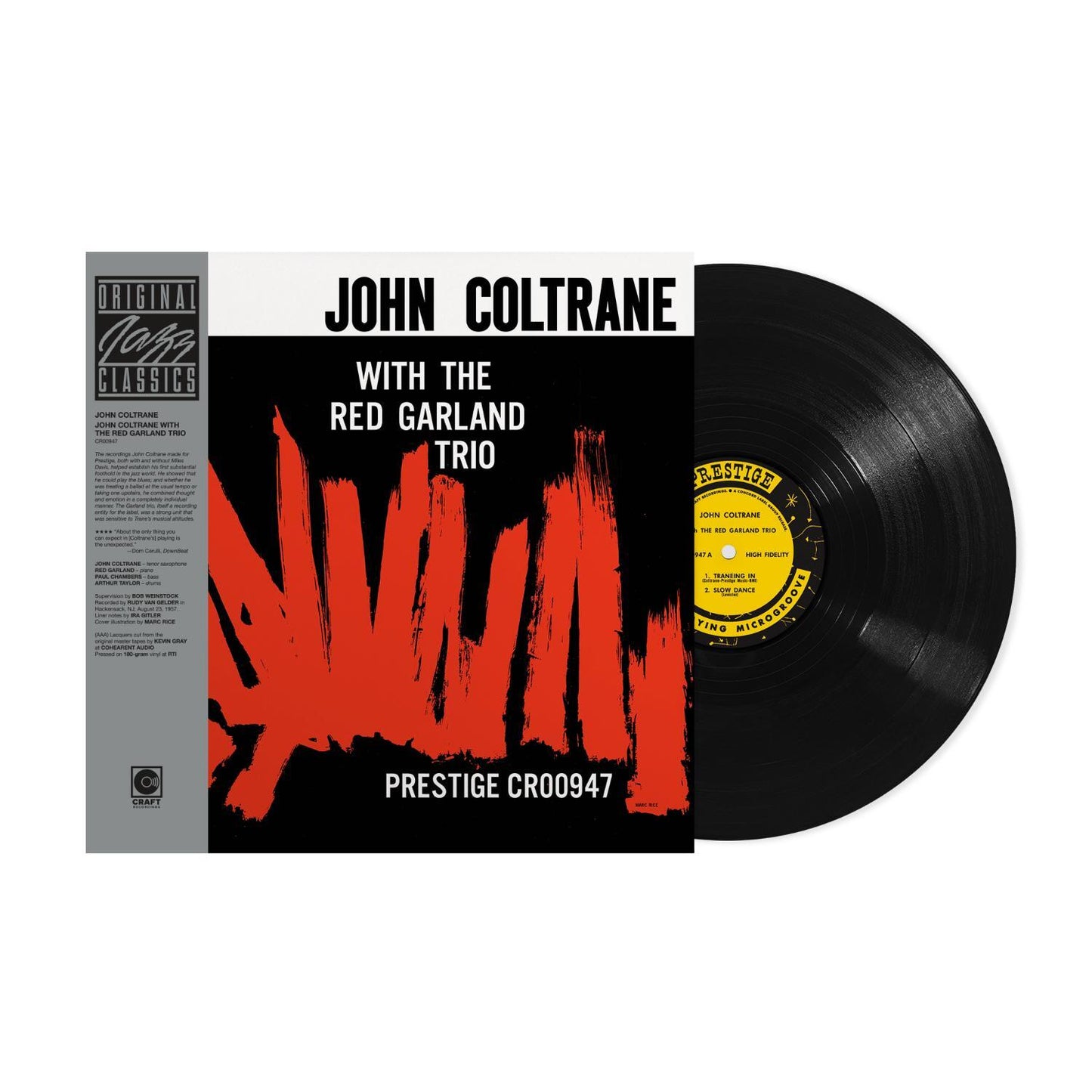 Vinyl record album cover for John Coltrane's 'With the Red Garland Trio' next to the black vinyl record, showing the Prestige Classics branding.