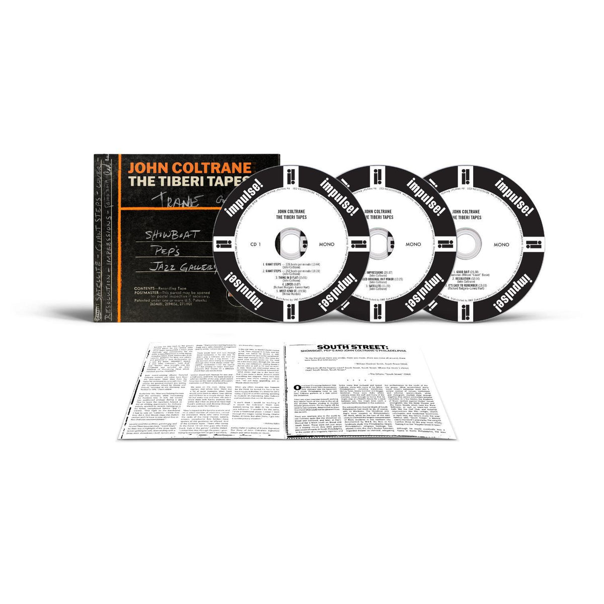 The Tiberi Tape CD box set by John Coltrane, featuring the black and orange jewel case, three black-and-white CD jewel cases, and an open printed booklet on a white background.