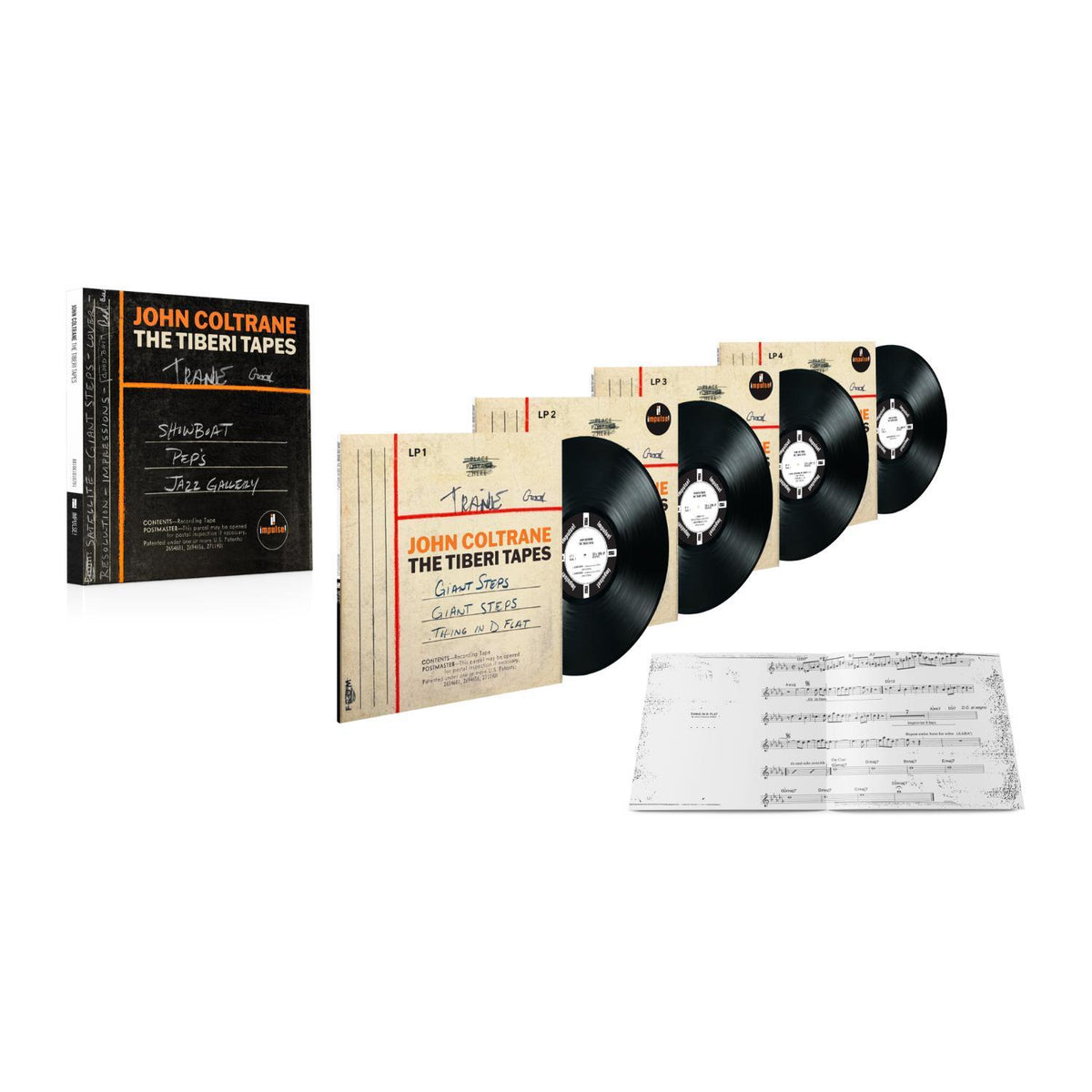 John Coltrane 'The Tiberi Tapes' vinyl record set displayed on a white background, including a black slipcase, four partially unboxed LP records with cream paper sleeves, and a sheet of handwritten music.